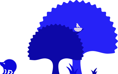 Hedgehog by a tree with a bird in a bird nest graphic