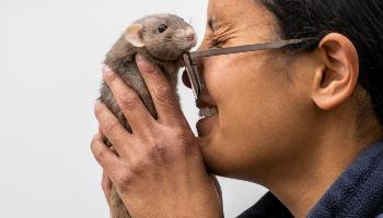 rat being held up to smiling woman's face