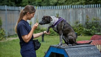 Animal care assistant working with a rescue dog © RSPCA
