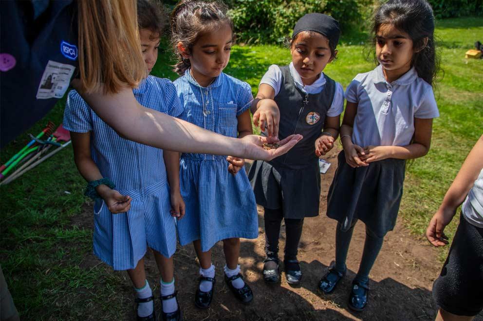 Education engagement officer showing school children minibeasts in her hand.