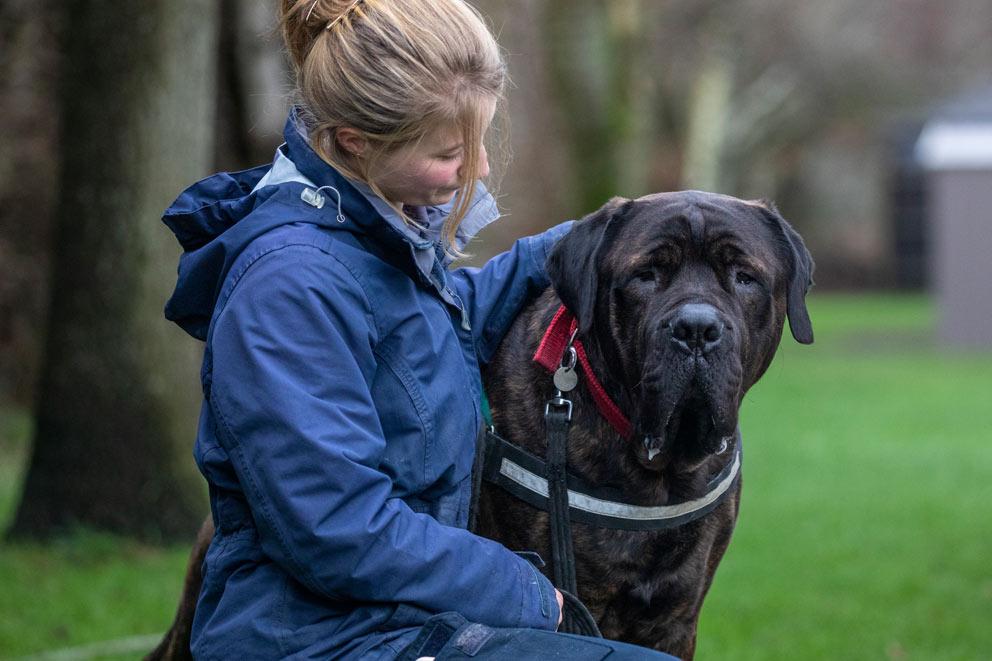 Woman stroking a black dog sitting outside.