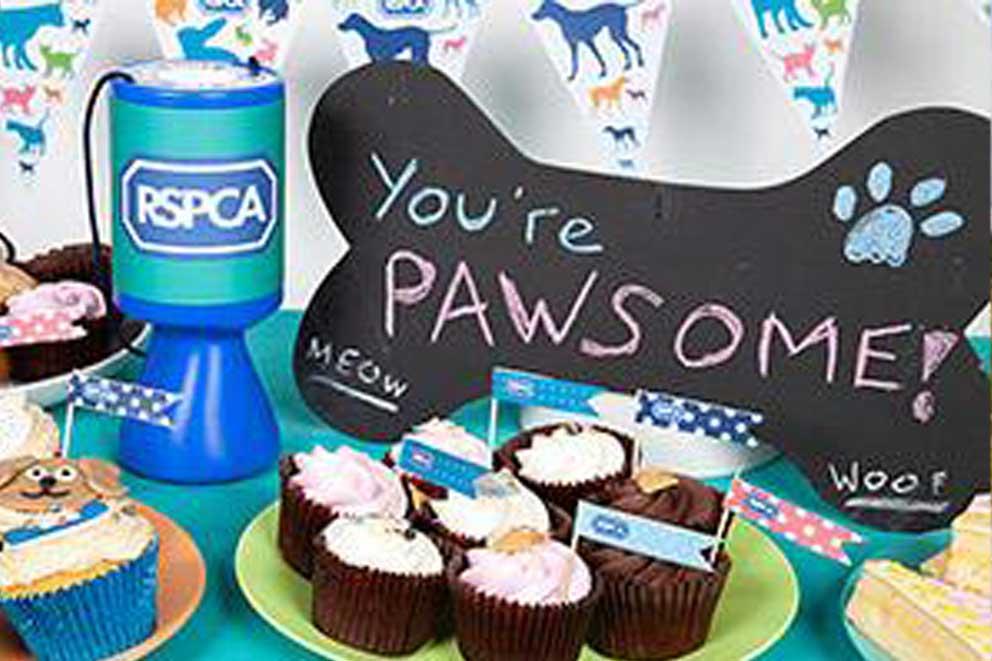 Cakes and collection tin laid out on a table at a charity bake sale.
