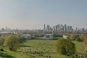 Aerial view of Woolwich park looking across to the Isle of Dogs in London.